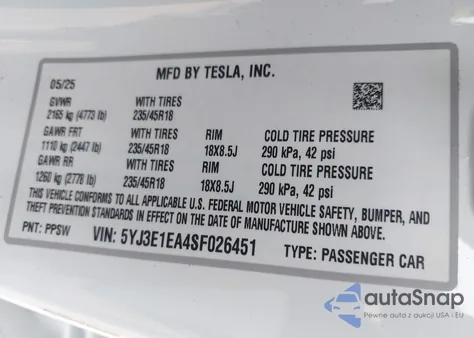 2025 Tesla Model 3 Long Range Rear-Wheel Drive z USA, uszkodzony, nr VIN 5YJ3E1EA4SF026451